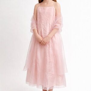 🌸 Girls 12 Pink Beaded Formal Dress w/ Matching Sheer Shawl